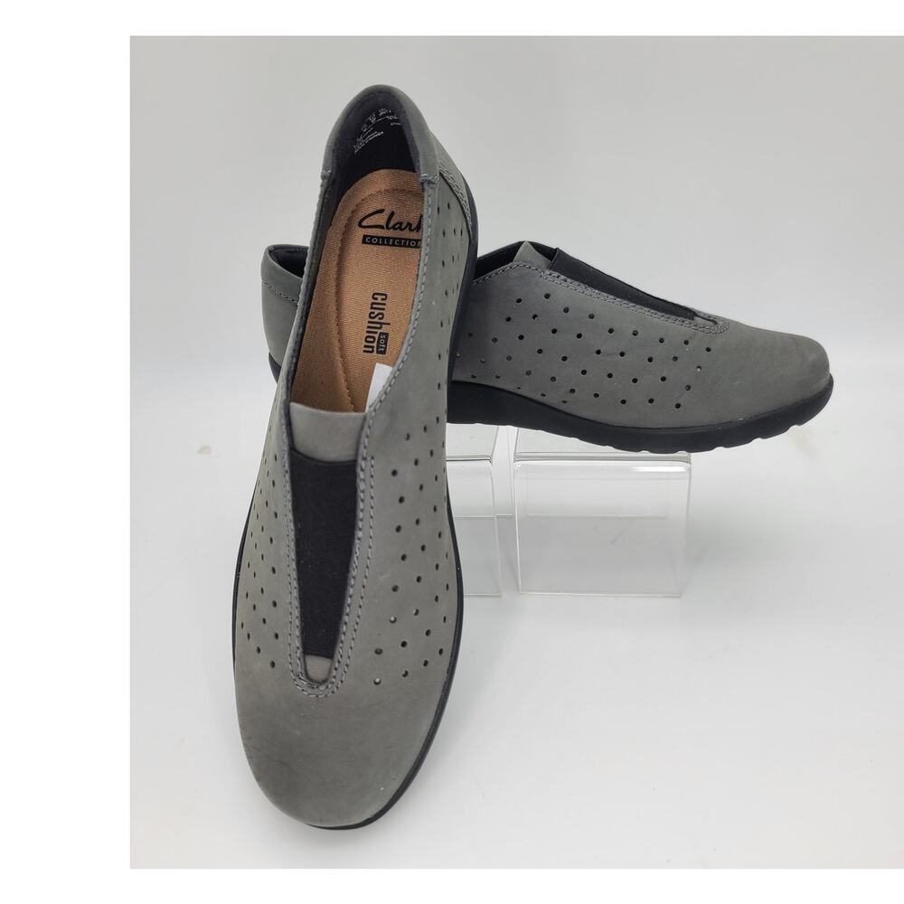 Clarks Perforated Nubuck Leather Slip-On Shoes 7.5 Med Medora Gemma Gray